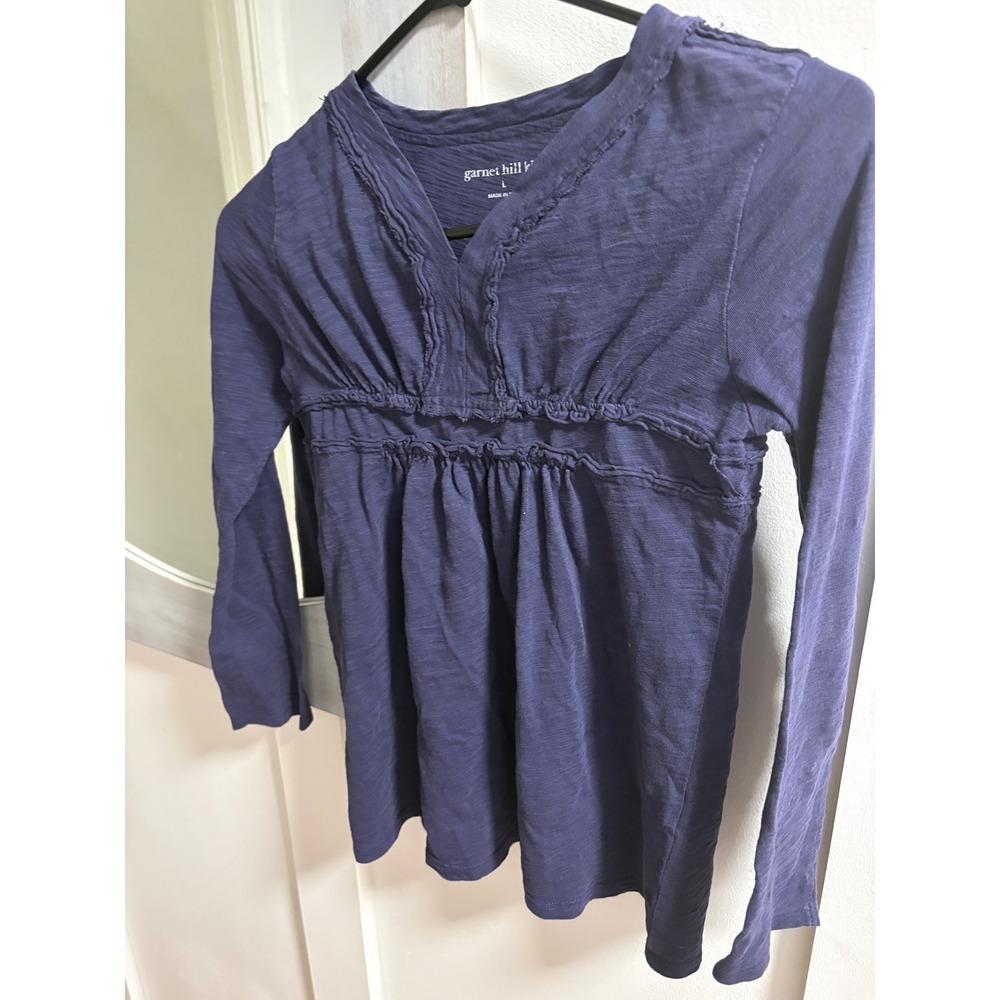 Garnet Hill Kids Girls Large Slate Blue Slub Knit Ruffle Empire Waist Tunic Top